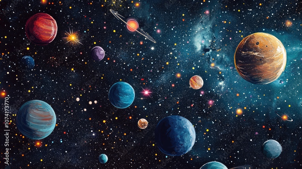 Poster 2D illustration featuring a 3D cartoon rendering A realistic star pattern background in deep interstellar space with bright flashing stars planets and moons Various creative science fiction backdr