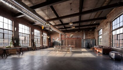 Fototapeta premium Industrial Loft with Exposed Beams, Concrete Floors, and Vintage Lighting