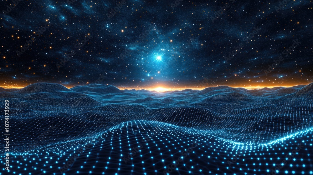 Aufkleber Abstract landscape in a dark background with a star horizon featuring a cyberspace grid and hi tech network in a 3D cartoon rendering Starry outer space texture 3D illustration
