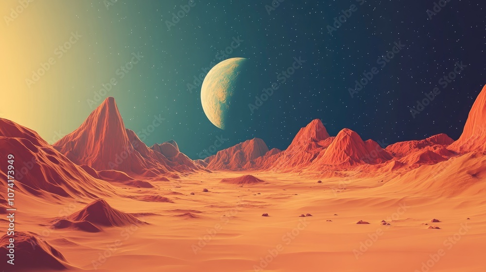 Poster 3d cartoon depiction of a desert planet resembling mars set against a cosmic background