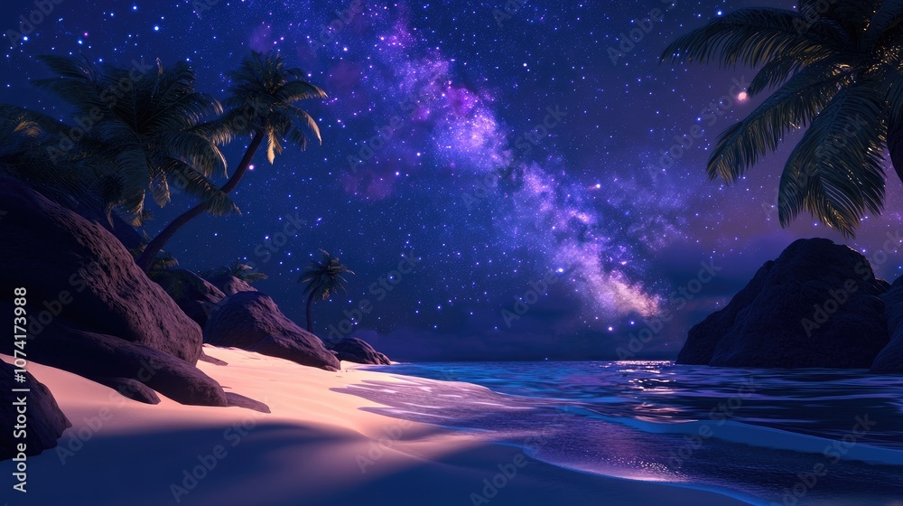 Aufkleber cartoon rendering in 3d of a beach scene illuminated by the milky way