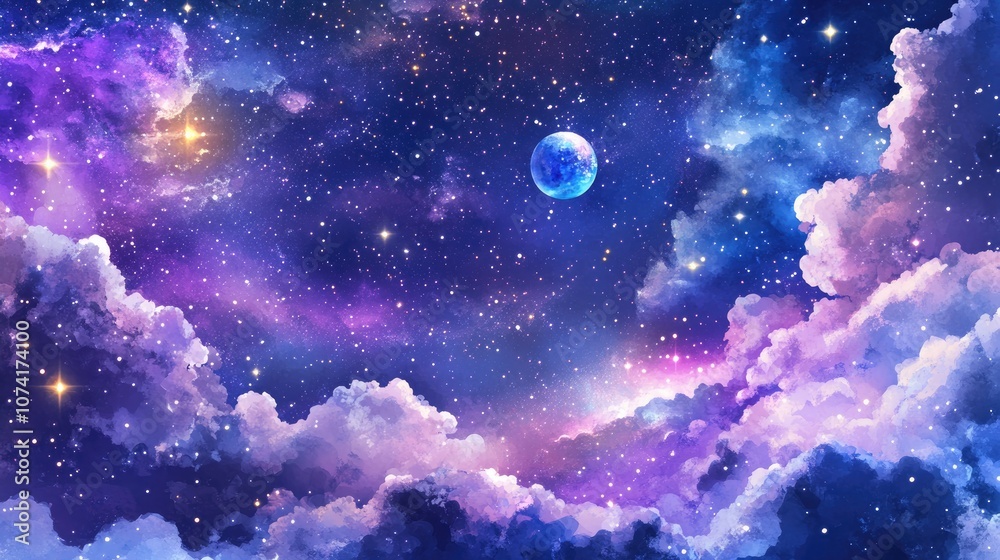 Poster seamless pattern of watercolor space featuring galaxy clipart and a purple space background in a 3d 