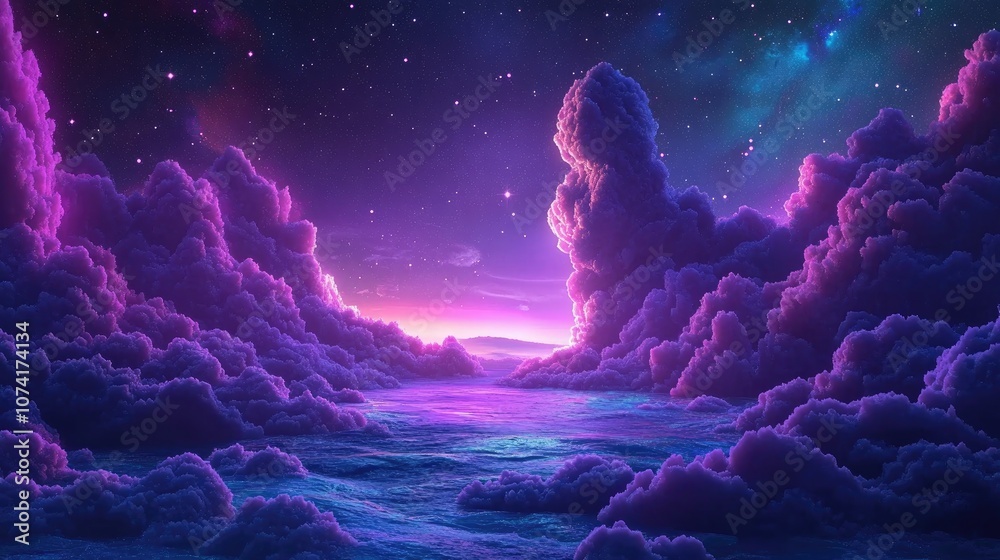 Poster landscape background of a fantasy alien galaxy featuring glowing clouds and stars illuminated by lig