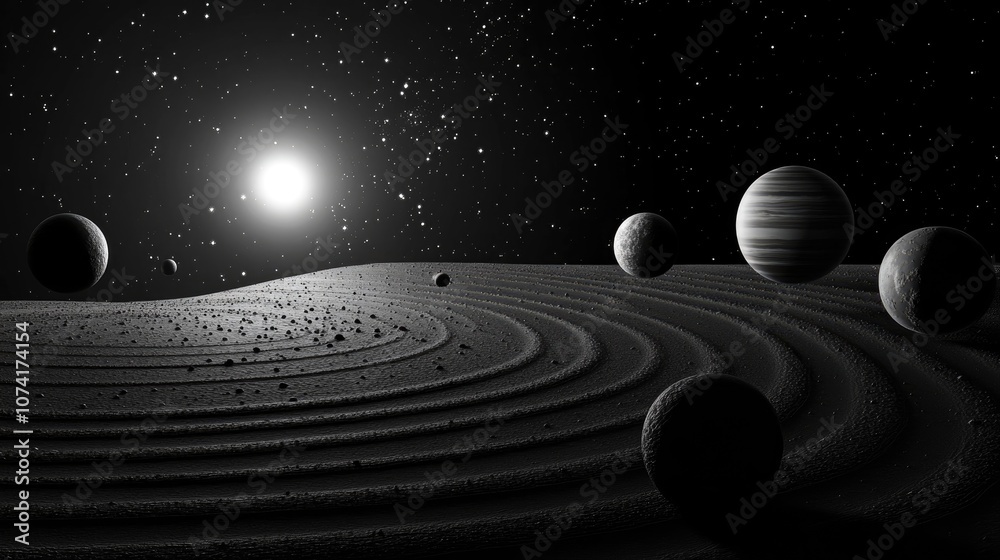 Poster Depiction of the solar system galactic space and the universe in a 3D cartoon rendering with an abstract black and white background