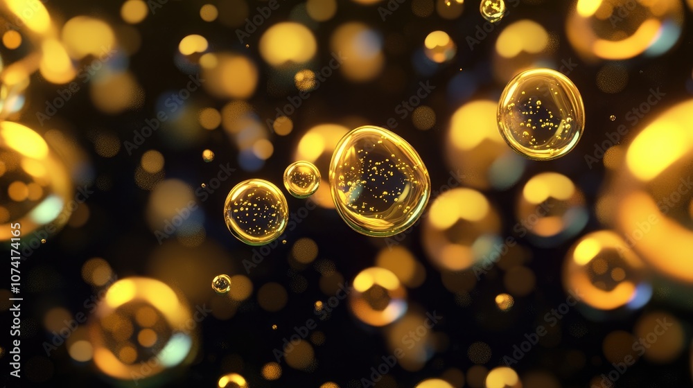 Aufkleber Many yellow bubbles on a dark background in a 3D cartoon rendering