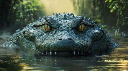 Obraz premium A close-up of a large crocodile's head and eyes peeking out of murky water, the green scales and sharp teeth visible in the soft morning light.