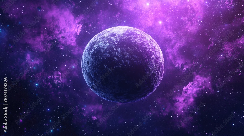 Poster Violet planet with a solid surface and craters in space featuring a beautiful cosmic background and a view from space in a 3D cartoon rendering