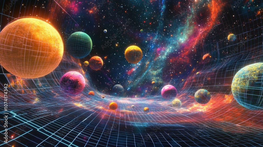 Poster Rendering of a 3D cartoon depicting a Space Pathway series featuring a backdrop of grids nebulas and vibrant colors related to astronomy physics cosmology and space communications