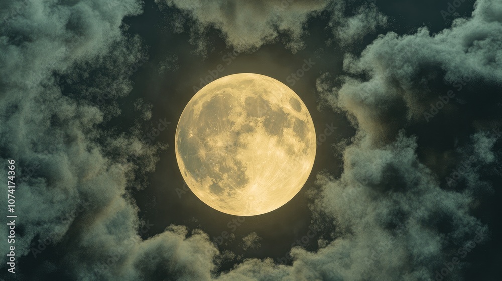 Poster Bright full moon partially obscured by clouds in 3D cartoon rendering