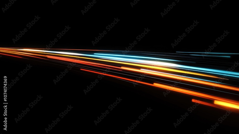 Fototapete Blurred lights extended into threads in a 3D cartoon rendering set against a black background with long shutter exposure at night