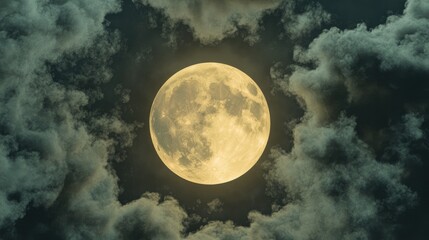 Bright full moon partially obscured by clouds in 3D cartoon rendering