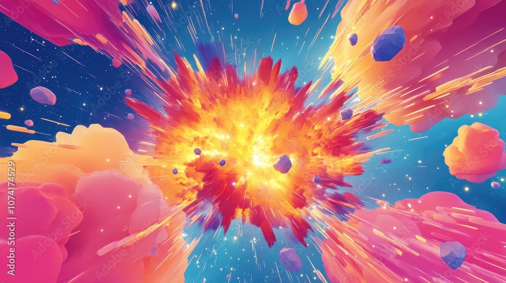 Poster Colorful abstract background image featuring a surreal explosion vibrant stars and asteroids in a 3D cartoon rendering of a space nebula 3D illustration