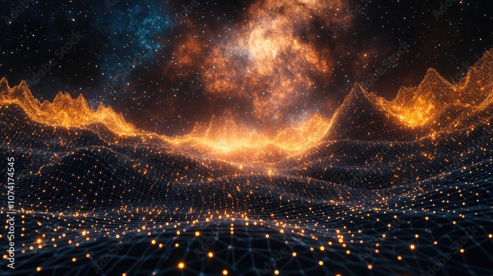 Poster 3D illustration of an abstract landscape featuring a starry outer space texture set against a dark background with a cyberspace grid and high tech network elements