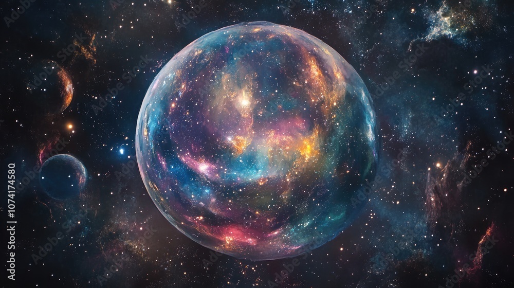 Poster 3d cartoon depiction of a universe filled with stars nebula and galaxy watercolor in a circular form