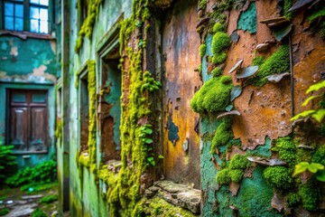 Macro Photography of Decaying Wall Textures with Moss in Abandoned Location - Nature's Artistry, Urban Exploration, and Textural Beauty