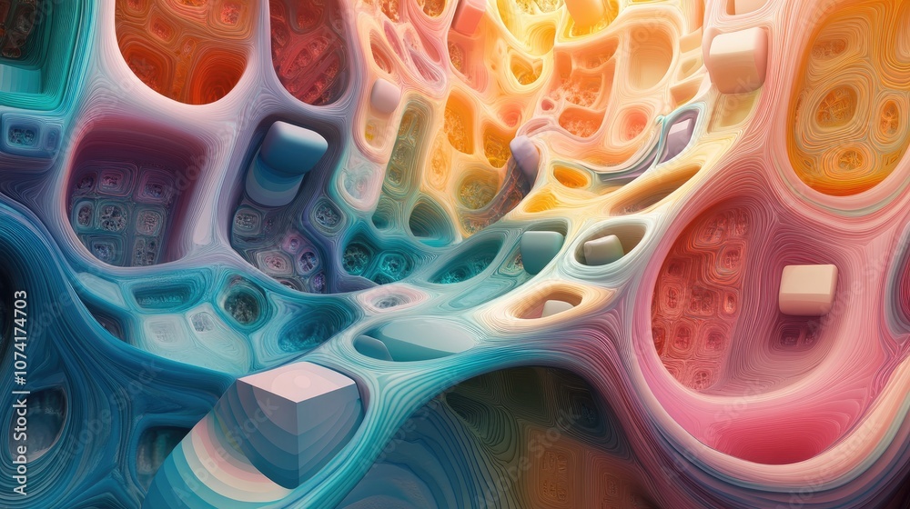 Poster Extruded abstract fractal background featuring a 3D cartoon rendering This modern art painting showcases futuristic wavy fractal artwork making it a trendy desktop wallpaper with colorful 3D rende