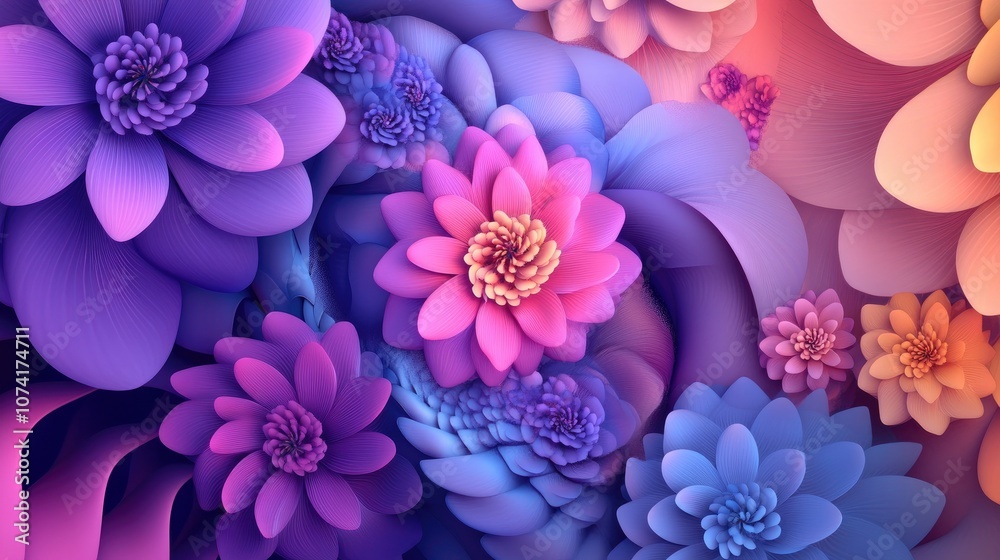 Poster Abstract fractal patterns and shapes in a 3D cartoon rendering Dynamic flowing natural forms featuring flowers and spirals A mysterious psychedelic relaxation pattern
