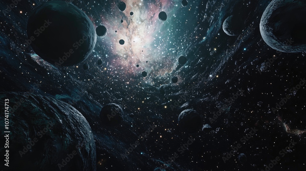 Poster 2D illustration featuring a 3D cartoon rendering of vast deep space encompassing stars planets and moons Various imaginative science fiction backdrops and alien solar systems create a realistic at