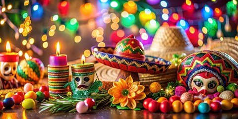 Fototapeta premium Vibrant Celebration of Mexican Heritage with Colorful Symbols, Festive Decorations, and Bokeh Effect Capturing the Essence of Culture, Tradition, and Joyful Gatherings