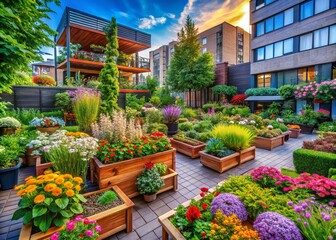 Obraz premium Vibrant Eco-Friendly Garden with Sustainable Practices, Innovative Tools, and Beautiful Outdoor Decor Showcasing Trends in Landscaping for Urban Exploration Photography