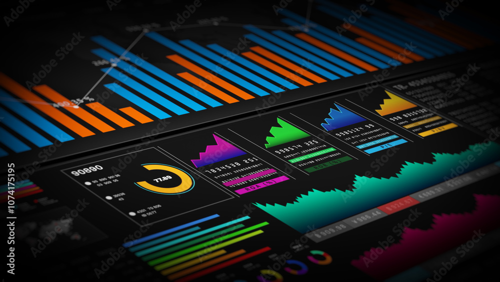 Poster Data analytics dashboard displaying bar charts, line graphs background. Ideal for visualizing business metrics and performance data. Information reports of business strategy 3d Rendering