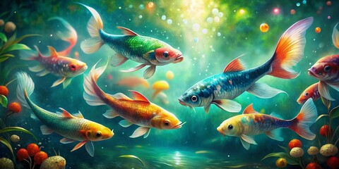 Vibrant Koi Fish Watercolor Painting with Bokeh Background for Tranquil and Artistic Decor in Aquatic Themes