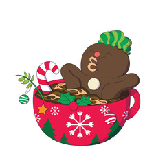 Christmas cookies with red and white candy canes swimming in hot chocolate in a red cup.