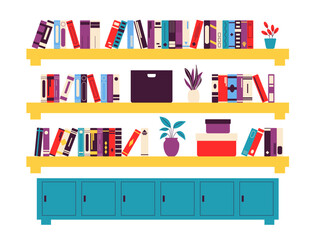 Furniture and interior decor elements set for home library. Library illustrations. Flat vector illustration.