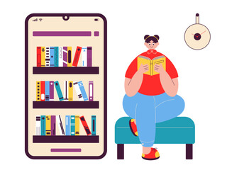 Woman researching in book. Library illustrations. Flat vector illustration.