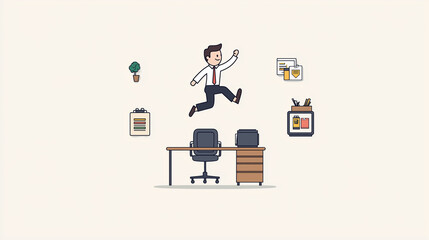 Joyful Leap of Success: A stylized illustration of a businessman joyfully leaping over his desk, symbolizing overcoming challenges and achieving success.