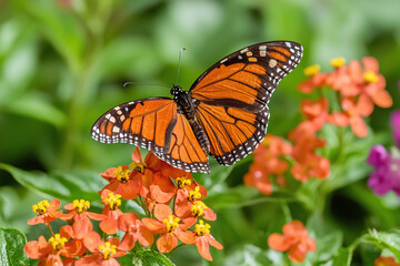 Fototapeta premium a beautiful butterfly on a vibrant blooming flower in a spring field.