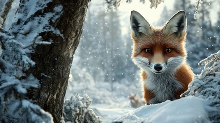 Fototapeta premium A red fox peeks out from behind a snowy tree in a winter forest.