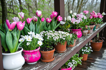Obraz premium a cozy porch decorated with potted spring plants and blooming flowers.
