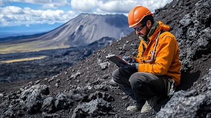 A geologist examines a volcanic landscape, taking notes on a tablet.