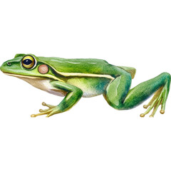 Fototapeta premium A vibrant green frog sits poised, showcasing its distinct coloration and features against a white background.