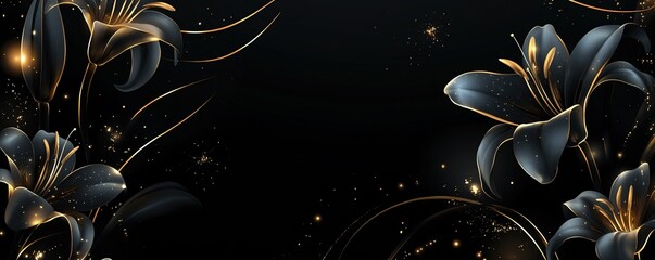 Elegant black lilies with golden accents and sparkles on a black background.