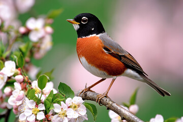Fototapeta premium a robin perched on a branch, surrounded by blossoming spring flowers.