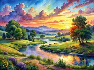 Fototapeta premium Vibrant Watercolor Landscape Paintings Capturing Nature's Beauty in Soft Hues and Fluid Brushstrokes for Art Enthusiasts and Decor Lovers