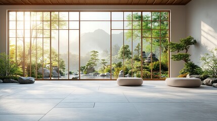 Minimalist Japanese-style room with large windows overlooking a serene garden.