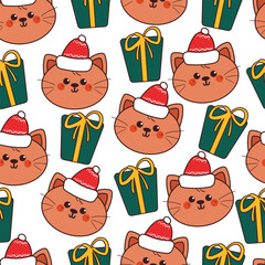 seamless pattern cartoon cat with christmas gift. cute christmas and winter wallpaper for fabric print, gift wrap paper
