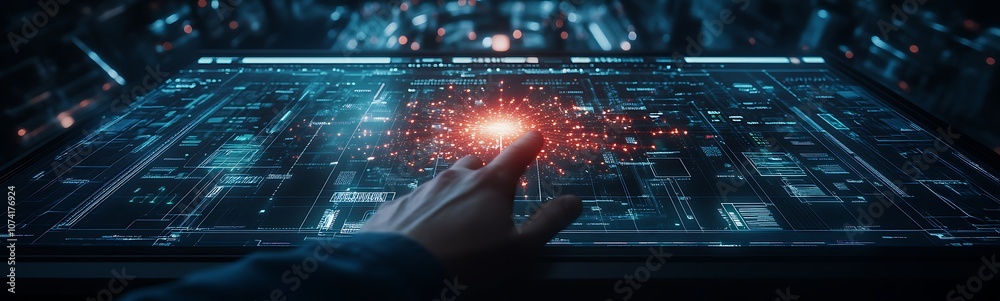 Fototapete A futuristic hand interacts with a glowing digital interface, surrounded by intricate data patterns and nodes.