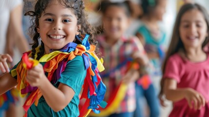 Parents and children dancing and singing together at an alcoholfree music and movement playdate with colorful scarves and instruments tered around.