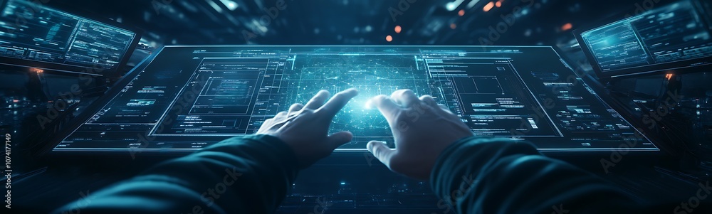 Fototapete A futuristic interface with illuminated circuits, where hands interact with a digital display, showcasing advanced technology and data manipulation.