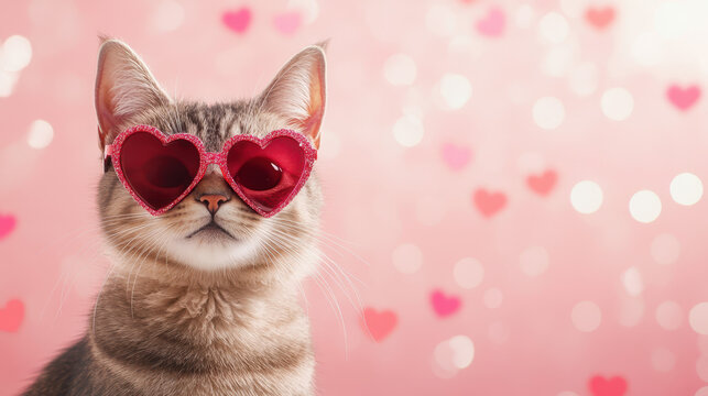 Cute cat wearing heart shaped sunglasses against pink bokeh background, exuding playful and charming vibe. Perfect for Valentine Day themes