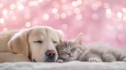 peaceful scene of dog and cat sleeping together, showcasing their bond and tranquility. soft pink background adds warm, cozy atmosphere