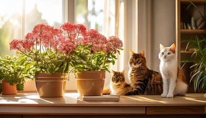 창가의 발레리안 화분과 고양이