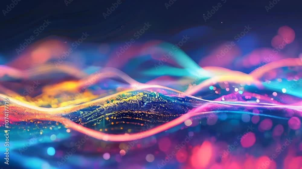 Poster bright, colorful digital waves flowing with sparkling particles, creating a dynamic and futuristic v