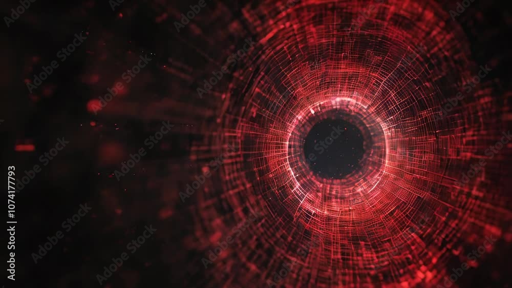 Poster abstract digital tunnel with red glowing grid lines, creating a futuristic and mysterious visual eff