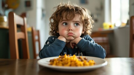Thoughtful child sitting at dining table with plate of food, displaying a contemplative mood while engaged in a meal indoors in a cheerful environment