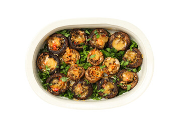 PNG stuffed mushrooms in a container isolated on a white background.